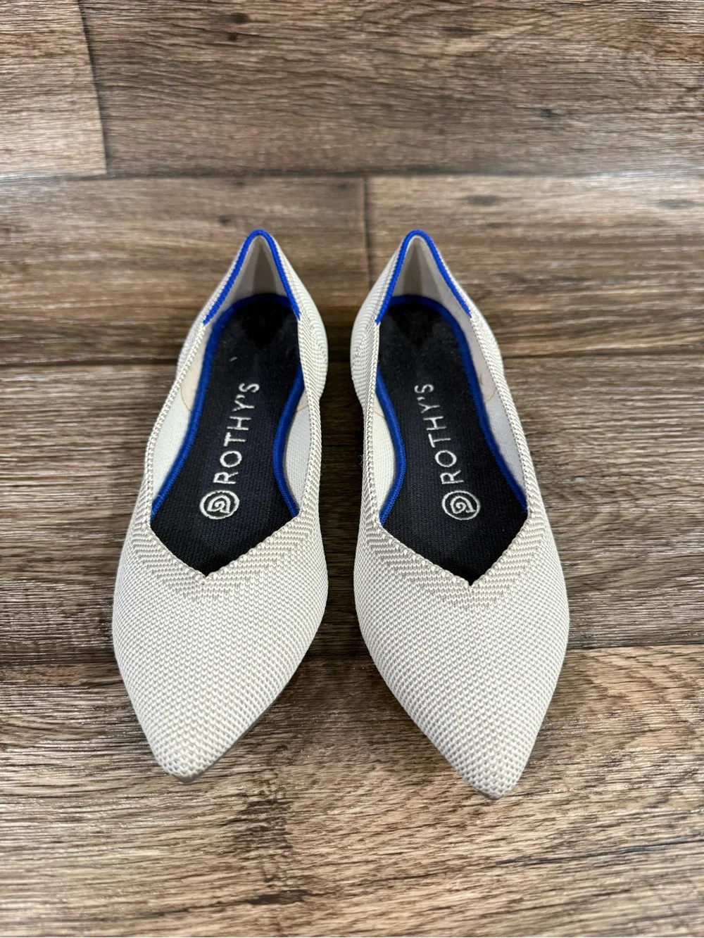 Rothy's Pointed Knit Flats in Light Gray with Blue Trim